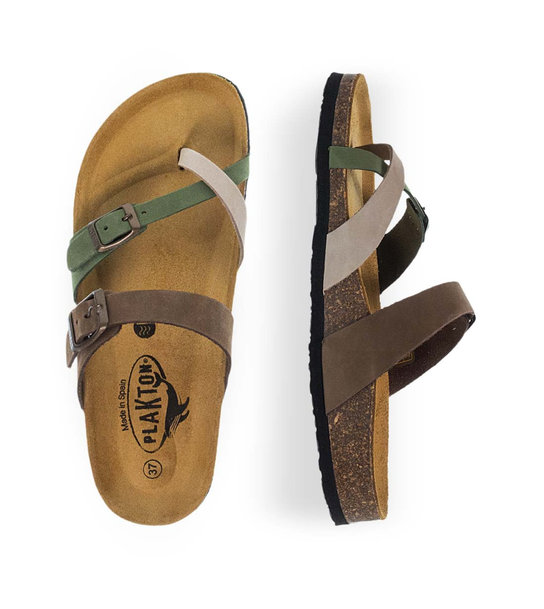Womens Leather Sandals Plakton 181032 Oliva/Cuero/Hielo